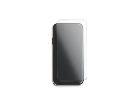 Blank transparent protection glass on phone screen mock up, isolated, 3d rendering. Empty thin colorless protective for smartphone display mockup, top view. Clear shatterproof accessory template.